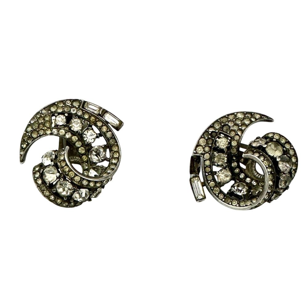 Vintage Sterling Statement Clip On Earrings Pat Pended (Crown Trifari?) Read